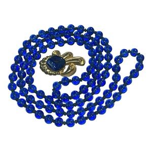 Rare cobalt Blue glass Beaded Necklace with brass Lapis Lazuli brooch. 1920s
